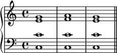 {
      \new PianoStaff <<
        \new Staff <<
            \new Voice \relative c'' {
                \stemUp \clef treble \key c \major \time 4/4
                g1 a g
                }
            \new Voice \relative c' {
                \stemDown
                e1 f e
                }
            >>
        \new Staff <<
            \new Voice \relative c' {
                \stemUp \clef bass \key c \major \time 4/4
                c1 c c
                }
            \new Voice \relative c {
                \stemDown
                c1 c c \bar "||"
                }
            >>
    >> }