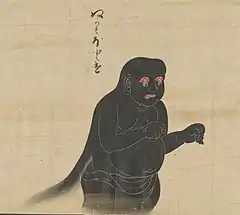 17 Nuribotoke (ぬりぼとけ)is a yōkai that resembles an animated corpse. Distinguishing attributes in most depictions are its pitch black color and its droopy, dangling eyeballs. Its name means "lacquered Buddha", although the term for Buddha (hotoke) can also be used for people who have died, since it is believed that they, too, become a buddha. This yōkai is commonly said to appear at night out of a butsudan (Buddhist shrine) that has been left open overnight or otherwise poorly maintained. In such cases, it has been shown to crawl out of the butsudan in order to cause havoc. Some reports say that when it appears, it is simply to repair and maintain the butsudan itself; however, more mischievous and violent acts have also been seen. One interesting aspect of the Nuribotoke's appearance is the black appendage that can be seen coming from its back, which is widely debated. Many depictions, including this scroll, show it to be hair. Many of these portrayals are from the Edo period. However, there are also many records showing this yokai to actually have a catfish-like tail coming from its back.