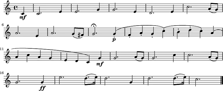 \relative c' {
    \key c \major \time 4/4
    \partial 4 c\mf
     c2. e4 e2. g4 g2. e4 d2. e4 c'2. a8( g) \bar "|" \break
     a2. e4 a2. g8( fis) g2.\fermata g4-.\p( f-. a-. g-. c-.)( b-. d-. c-.) a( \bar "|" \break
     a c a g e d c) g'\mf g2. a8( g) g2. c4 c2. a8( g) \bar "|" \break
     g2. g4\ff e'2. d8.( e16) d2. g,4 d'2. d8.( e16) c2. \bar "|."}