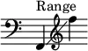 { \override Score.TimeSignature #'stencil = ##f
  \relative c'' { \clef bass \key c \major f,,,4^\markup { "Range" }\glissando \clef treble f''' }
}