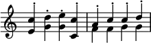 {
\override Score.TimeSignature #'stencil = ##f
    << \clef treble
        \relative c' {
            \stemNeutral <e c'>-. <g d'>-. <g e'>-. <c, c'>-.
            \stemUp a'-. c-. c-. d-.
        } \\ {
            s1
            f'4 f' g' g'
        }
    >>
}