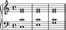{
      \new PianoStaff <<
        \new Staff <<
            \new Voice \relative c'' {
                \stemUp \clef treble \key c \major \time 4/4
                g1 g g
                }
            \new Voice \relative c' {
                \stemDown
                e1 e e
                }
            >>
        \new Staff <<
            \new Voice \relative c' {
                \stemUp \clef bass \key c \major \time 4/4
                c1 c c
                }
            \new Voice \relative c {
                \stemDown
                c1 e g \bar "||"
                }
            >>
    >> }