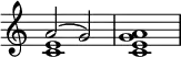 {
    \override Score.TimeSignature #'stencil = ##f
    \new Staff <<
    \new Voice \relative c'' {
        \time 4/4
        \voiceOne a2( g)
    }
    \new Voice \relative c' {
        \time 4/4
        \voiceTwo <c e>1 <c e g a>
    }
>>
}