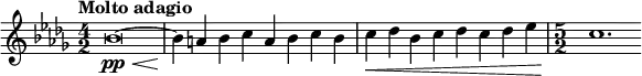 \relative c'' { \set Staff.midiInstrument = #"string ensemble 1" \clef treble \key bes \minor \time 4/2 \tempo "Molto adagio" bes\breve(~\pp\< | bes4\! a bes c a bes c bes | c\< des bes c des c des ees | \time 5/2 c1.\! }