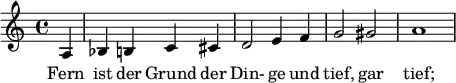 \relative c' { \set Staff.midiInstrument = #"flute"
\partial 4 a4 bes b! c cis d2 e4 f g2 gis a1
}
\addlyrics {
Fern ist der Grund der Din- ge und tief, gar tief; wer will ihn finden?
}
\layout {
\context {
\Staff
\consists "Horizontal_bracket_engraver"
}
}