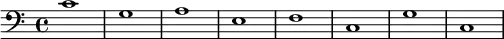 {
        \new Staff <<
            \new Voice \relative c' {
                \stemDown \clef bass \key c \major \time 4/4 \tempo 1 = 60 \set Score.tempoHideNote = ##t
                c1 g a e f c g' c,
                }
            >>
     }
