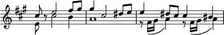 \relative c'
  \new Staff \with { \remove "Time_signature_engraver" } {
   \key fis \minor \time 4/4
    << 
     {
      \voiceOne
       cis'8 b8\rest e2 fis8 gis gis4 cis,2 dis8 e e4 dis8 cis cis4 bis4
     }
      \new Voice 
      {
       \voiceTwo
        e,8 s8 cis'2 b4 a1 r8 fis16( gis a4) r8 fis16( gis a4)
      }
    >>
 }