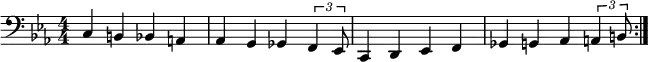 \relative c {
\set Staff.midiInstrument = #"acoustic bass"
\key ees \major
\numericTimeSignature \time 4/4
\clef bass
\repeat volta 2 {
c4 b bes a
aes g ges \times 2/3 {f ees8}
c4 d ees f
ges g aes \times 2/3 {a b8}}
}
