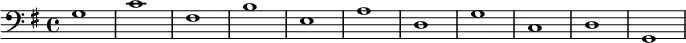 {
        \new Staff <<
            \new Voice \relative c' {
                \stemDown \clef bass \key g \major \time 4/4 \tempo 1 = 60 \set Score.tempoHideNote = ##t
                g1 c fis, b e, a d, g c, d g,
                }
            >>
     }