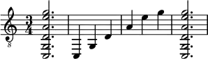 {
\clef "treble_8"
\time 3/4
<c, g, d a e' g'>2.
<c, >4
<g, >4
<d  >4
<a >4
<e' >4
<g' >4
<c, g, d a e' g'>2.
}