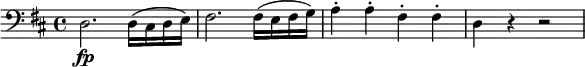 {
\time 4/4
\set Score.tempoHideNote = ##t
\tempo 4 = 160
\clef "bass"
\key d \major
d2.\fp d16 (cis d e) fis2. fis16 (e fis g) a4-. a-. fis-. fis-. d r r2
}