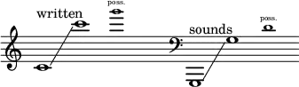 {
      \new Staff \with { \remove "Time_signature_engraver" }
      \clef treble \key c \major \cadenzaOn
      c'1 ^ \markup "written" \glissando c'''1
      \tweak font-size #-2 g'''1 \finger \markup \text "poss."
      \hide r1
      \clef bass
      g,,1 ^ \markup "sounds" \glissando g1
      \tweak font-size #-2 d'1 \finger \markup \text "poss."
    }