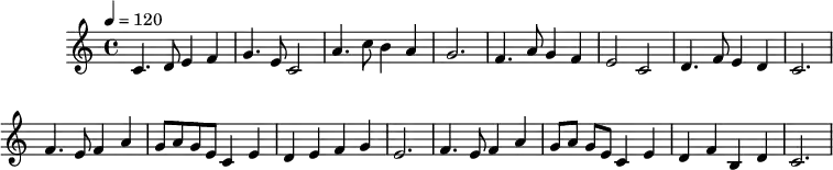 X:173
L:1/4
M:4/4
K:C
Q:1/4=120
C3/2D/2EF|G3/2E/2C2|A3/2c/2BA|G3|\
F3/2A/2GF|E2C2|D3/2F/2ED|C3|\
F3/2E/2FA|G/2A/2G/2E/2CE|DEFG|E3|\
F3/2E/2FA|G/2A/2G/2E/2CE|DFB,D|C3|