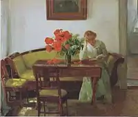 Interiør med røde valmuer (Interior with poppies and reading woman, 1905)