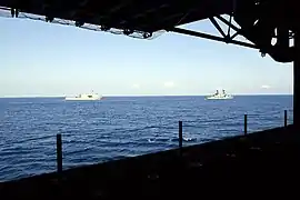 BRP Ramon Alcaraz (FF16) and BRP Tarlac (LD 601) from the USS Wasp (LHD 1) during Balikatan 2019