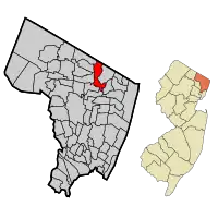 Location of River Vale in Bergen County highlighted in red (left). Inset map: Location of Bergen County in New Jersey highlighted in orange (right).