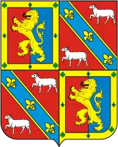 The shield from the coat of arms of the Marquis of Paraná with the arms of Neto family consisting of a golden rampant lion on an azure and red background alternating with the arms of the Carneiro family consisting of two white sheep on a red background and divided by an azure bend containing three golden fleur-de-lis