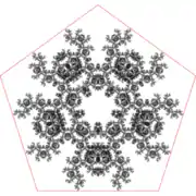 A point inside a pentagon repeatedly jumps half of the distance towards a randomly chosen vertex, but the currently chosen vertex cannot be the same as the previously chosen vertex.