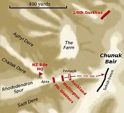 A map depicting the movement of troops during an offensive military operation. Geographic features including spurs, gullies and high ground are depicted, as are the positions of individual units