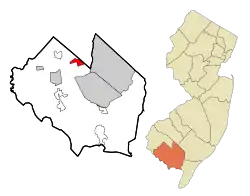 Map of Rosenhayn highlighted within Cumberland County. Right: Location of Cumberland County in New Jersey.