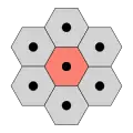 6-connectivity in a hexagonal tiling,