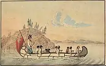 Hudson's Bay Company officials in an express canoe crossing a lake (1825)