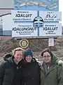 Trilingual, biscriptal sign in Nunavut, Canada, using Canadian Aboriginal Syllabic script