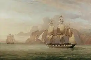 HMS "Amelia" Chasing the French Frigate "Aréthuse" 1813. Painted in 1852 by John Christian Schetky, representing Proserpine (1785) after her capture by the Royal Navy