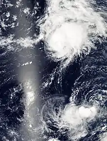 Satellite image of two systems on August 25: Hurricane Loke to the north and the weaker Tropical Depression Kilo to the south