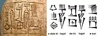 Lugaldalu inscription:  ๐๐ฌ ๐๐๐ป ๐๐๐ฃ๐  รจ-sar lugal-dalu lugal adab-(ki) "In the temple Esar, Lugaldalu king of Adab"