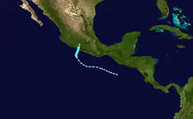 Map plotting the track and the intensity of the storm, according to the Saffir–Simpson scale