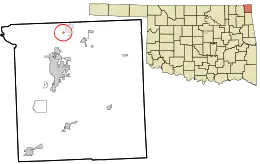 Location within Ottawa County and the state of Oklahoma showing former municipal boundaries