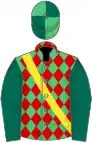 Emerald green and red diamonds, yellow sash, dark green sleeves, emerald green and dark green quartered cap