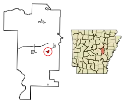 Location of De Valls Bluff in Prairie County, Arkansas.