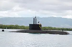 The Korean submarine Lee Sunsin (SSK 068) arrives at Naval Station Pearl Harbor, becoming the first foreign vessel to arrive to take part in the Rim of the Pacific (RIMPAC) Exercise.