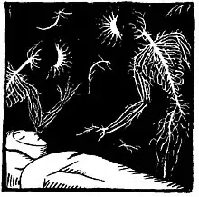 black and white drawing of a bedridden man surrounded by two silhouettes.