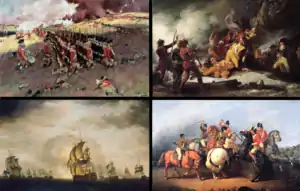 Clockwise from top left: Battle of Bunker Hill, Death of Montgomery at Quebec, Battle of Cowpens, "Moonlight Battle"