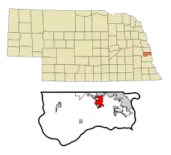 Location of Papillion within Nebraska and Sarpy County