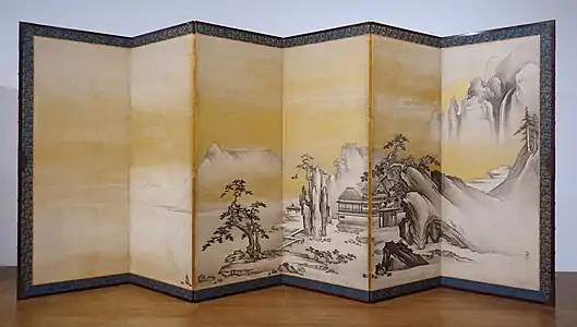 A Monk Claps His Hands, ink painting on a folding screen. Mid 1600s.