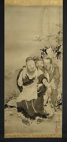The "Three Laughers of Tiger Ravine", by Soga Shohaku (1730-1781). Depicts Huiyuan (Chinese 慧遠; Hui-Yuan, Hui-Yüan in Mandarin or Fi-Yon in Gan) (334–416 AD); Tao Qian (simplified Chinese: 陶潜; traditional Chinese: 陶潛; pinyin: Táo Qián; Wade–Giles: T'ao Ch'ien) (365–427); and Lu Xiujing (chin. 陸修靜, W.-G. Liu Hsiu-ching; born 406; died 477).