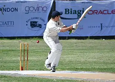 Tim Irwin of the NVCC Australia - America plays a shot off his legs on his way to an innings of 53 runs off 39 balls