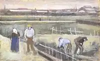  A watercolor of workers digging by a path. On the horizon can be seen a line of low lying buildings suggesting the outskirts of a large town or city.