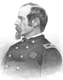 A sketch depicting a head-and-shoulders portrait of a high-ranking United States army officer of the Civil War era.  His face is in profile. He has a receding hairline, a mustache and a goatee.