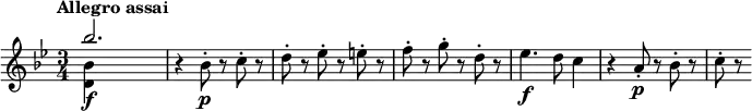 \relative c''' {
  \tempo "Allegro assai"
  \key bes \major
  \time 3/4
  <<
    { bes2.\f | } \\
    { <bes, d,>4 s2 | }
  >>
  r4 bes8-.\p r c-. r |
  d8-. r es-. r e-. r |
  f8-. r g-. r d-. r |
  es4.\f d8 c4 |
  r4 a8-.\p r bes-. r |
  c8-. r
}