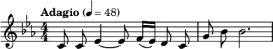 \relative c' { \key c \minor \numericTimeSignature \time 4/4 \tempo "Adagio" 4=48 \clef treble \autoBeamOff c8 c ees4~ ees8 \autoBeamOn f16( ees) \autoBeamOff d8 c | g' bes bes2. }