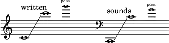 {
      \new Staff \with { \remove "Time_signature_engraver" }
      \clef treble \key c \major \cadenzaOn
      c'1 ^ \markup "written" \glissando c'''1
      \tweak font-size #-2 g'''1 \finger \markup \text "poss."
      \hide r1
      \clef bass c,1 ^ \markup "sounds" \glissando c'1
      \tweak font-size #-2 g'1 \finger \markup \text "poss."
    }