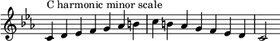 {
\omit Score.TimeSignature \relative c' {
  \key c \minor \time 7/4 c^"C harmonic minor scale" d es f g aes b c b aes g f es d c2
} }