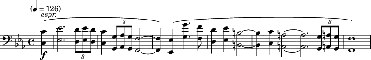 \new Staff \relative c {
  \clef bass \time 4/4 \key c \minor \tempo "" 4=126 \partial 4 \set Staff.midiInstrument = #"trombone"
  <c c'>4-\f^\markup{\italic "espr."} (<ees ees'>2. \times 2/3 {<d d'>8 <ees ees'> <d d'>} <c c'>4 \times 2/3 {<g g'>8 <aes aes'> <g g'>} <f f'>2~q4) <ees ees'>4 (<g' g'>4. <f f'>8 <d d'>4 <ees ees'> <b b'>2~q4 <c c'>4 <a a'>2~q2.
  \times 2/3 { <g g'>8 <a a'> <g g'> } <f f'>1 )
}