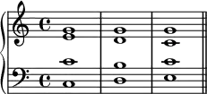 {
      \new PianoStaff <<
        \new Staff <<
            \new Voice \relative c'' {
                \stemUp \clef treble \key c \major \time 4/4
                g1 g g
                }
            \new Voice \relative c' {
                \stemDown
                e1 d c
                }
            >>
        \new Staff <<
            \new Voice \relative c' {
                \stemUp \clef bass \key c \major \time 4/4
                c1 b c
                }
            \new Voice \relative c {
                \stemDown
                c1 d e \bar "||"
                }
            >>
    >> }