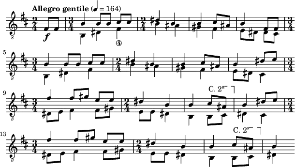 \header { tagline = "" }
foo = \relative c \new Staff {
  \key d \major \time 2/4 \clef "treble_8"
  \set Staff.midiInstrument = "acoustic guitar (nylon)"
      \overrideTimeSignatureSettings
        3/4        % timeSignatureFraction
        1/4        % baseMomentFraction
        #'(1 1 1)    % beatStructure
        #'()       % beamExceptions
  \tempo "Allegro gentile" 4 = 164
  \partial 4 fis8\f fis \time 3/4
  << {
  \override TextSpanner #'dash-fraction = #'()
  \override TextSpanner #'font-shape = #'upright
  \override TextSpanner #'(bound-details left text) = \markup { "C. 2ª" }
  \override TextSpanner #'(bound-details right text) = \markup { \draw-line #'(0 . -2) }
  \override TextSpanner #'(bound-details right padding) = #-3
  \override TextSpanner #'(bound-details left stencil-align-dir-y) = #0.8
    b4 b8 b cis cis | \time 2/4 dis4 b | b cis8 ais | b4
    fis8 fis | \break \time 3/4 b4 b8 b cis cis | \time 2/4 dis4 b | b cis8 ais | b4
    dis8 e | \break \time 3/4 fis4 fis8 gis e e | \time 2/4 dis4 b | b cis8 \startTextSpan ais \stopTextSpan | b4
    dis8 e | \break \time 3/4 fis4 fis8 gis e e | \time 2/4 dis4 b | b cis8 \startTextSpan ais \stopTextSpan | b4
  } \\ {
    b,4 dis fis_\4 | b ais | gis fis | e8 dis
    dis cis | b4 dis fis | b ais | gis fis | e8 dis
    cis4 | dis8 e fis4 fis8 gis | e e dis4 | b b8 cis | dis4
    cis4 | dis8 e fis4 fis8 gis | e e dis4 | b b8 cis | dis4
  } >>
}
\score {
  \foo
  \layout {
    indent = 0\cm
    line-width = #150
  }
  \midi {}
}
